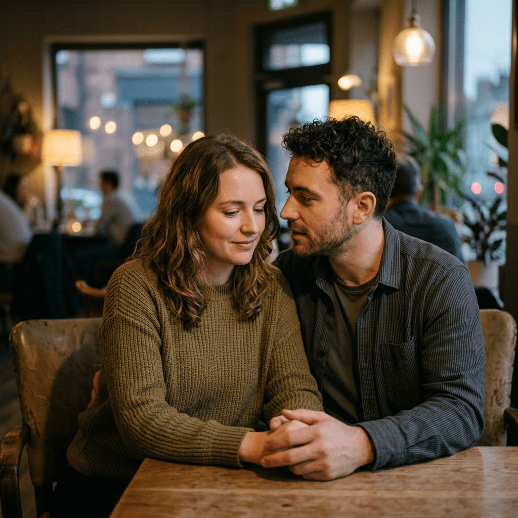 Couple sitting at a table holding hands, looking at each other affectionately