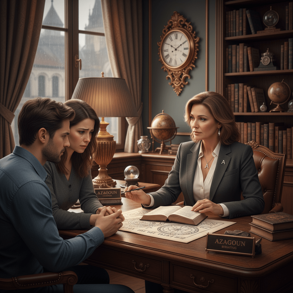 Professional woman advising a concerned couple at a desk in a classic office.