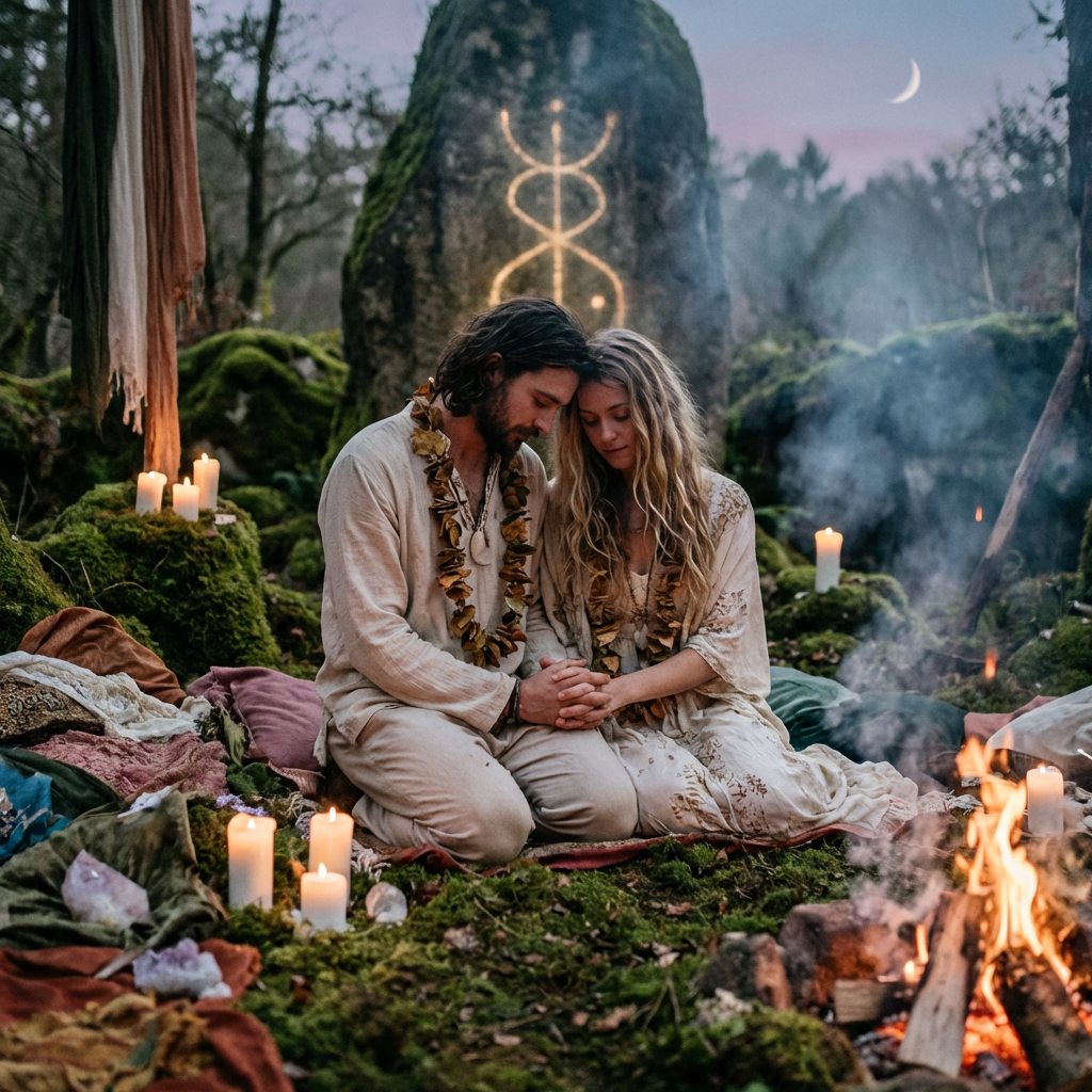 A man and woman kneeling together in a mossy forest during a candlelit ritual.