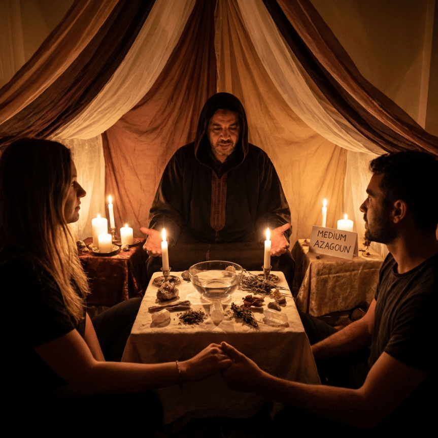 Spiritual medium Azagoun leading a candlelit ritual for a couple with crystals and herbs.