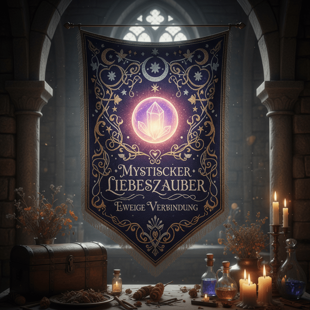 Ornate banner with 'Mystischer Liebeszauber' text and a glowing crystal in a candlelit stone room.