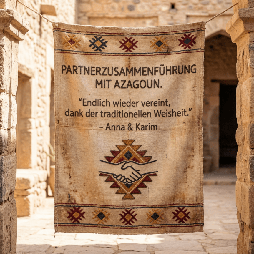 Woven banner in a courtyard reads "PARTNERZUSAMMENFÜHRUNG MIT AZAGOUN. 'Endlich wieder vereint, dank der traditionellen Weisheit.' – Anna & Karim" with a handshake logo.