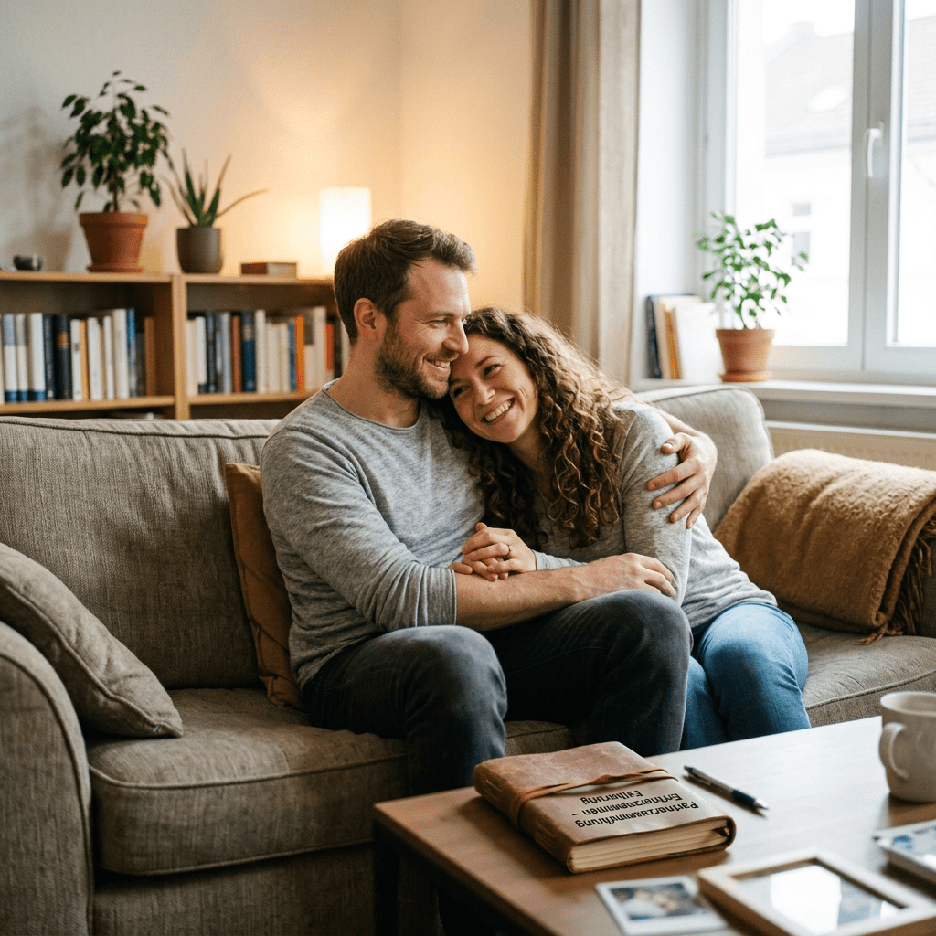A happy couple sitting on a couch with the woman leaning on the man's shoulder and both smiling.